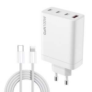 멀티충전기 100W GaN PD 접지 멀티 4포트 초고속 충전기 USB-C PPS 고속충전 어댑터 맥북 노트북 갤럭시 아이폰 호환+C타입-애플8핀 실키 PD 고속충전 케이블, 1개, White, 1m
