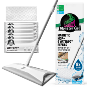 몬스터 초강력 막대걸레 자석밀대 + 마르지 않는 물걸레 청소포 리필 6매입, 1세트