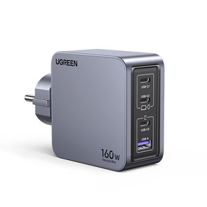 UGREEN 유그린 Nexode 160W GaN C타입 고속 충전기 4포트 USB-C타입& A타입 노트북 충전기 어댑터 갤럭시 S24/S23 맥북 프로 아이폰 17/16/15 호환, 1개, Grey