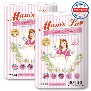 맘스럽 퓨어클래식 천연펄프100% 롤화장지 도톰한 데코3겹 두루말이, 2개, 30롤, 30m