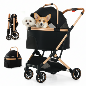 FODOSS 강아지 유모차 접이식 분리형 알루미늄 합금 개모차 야외 산책 옷감 고양이유모차, 블랙, 1개