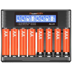 POWERKAN AA/AAA 건전지 8구충전기 1.5V 리튬이온 1.2V니켈수소 ALL8 건전지 충전 AA AAA USB-C 과충전방지 LCD표시 파워칸 배터리 충전기, 1개