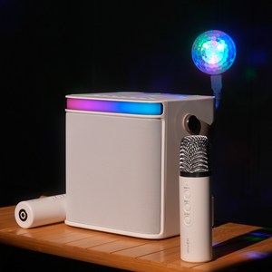 아이리버 홈파티 휴대용 미니 가정용 캠핑 펜션 방구석 강의용 방송용 유튜브 콘덴서 도킹형 무선 듀얼 마이크 블루투스 노래방 스피커, 화이트