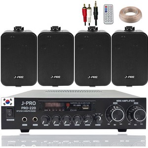 제이프로 220W 블루투스 매장용 카페 매장 업소용 벽걸이 미니 앰프 스피커 4개 세트+리모콘+PC선 1.5M+스피커케이블 40M