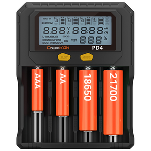 POWERKAN 스마트 만능 LCD 지능형 배터리 충전기 4구 리튬 니켈 PD4 건전지 배터리 고속충전 18650 AA AAA 21700 32650 용량확인 과충전방지 방전테스트, 1개