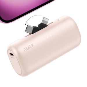 아이워크 iWALK 듀얼 커넥터 도킹형 미니 보조배터리 5000mAh PD 15W 초고속충전 일체형 아이폰 2in1 휴대용 잔량표시, 핑크