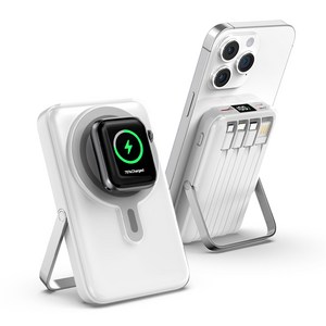 THOUSTA 맥세이프 대용량 보조배터리 고속충전 PD22.5W 거치대 케이블 일체형 무선 배터리 10000mAh, 1개, 화이트