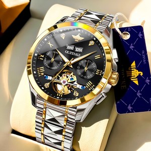 OUPINKE 남성 시계 정품 자동 기계식 오토매틱 럭셔리 명품 워터프루프 야광 일력 요일 메탈 다기능