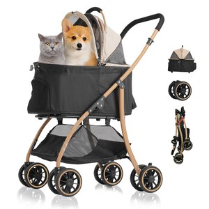 MILA&LOUIS 접이식 분리식 반려동물 유모차 강아지 유모차 고양이유모차 개모차 일체형 뉴바론 개모차 원터치 퀵폴딩 개모차, 골드, 1개