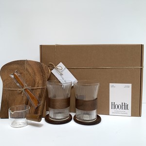 HOOHIT 집들이선물 우드 플레이팅 홈카페 선물세트+쇼핑백, 우드홀더 내열유리컵 345ml 2P, 1세트