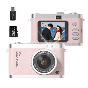 SMABAT 디지털 카메라 셀카렌즈 빈티지 Y2K 디지털 카메라 6400만 4k 화소 SD카드포함, 핑크