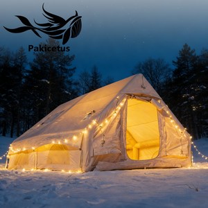 4-8인용 인플레이터블 캠핑 텐트 - 퀵설치 에어텐트, 4계절 방수 휴대용 아웃도어 텐트 (스토브 잭 포함), 메쉬 창문 & 도어, 초대형 캐노피 리빙룸 설계로 캠핑 및 야외 활동, 카키색