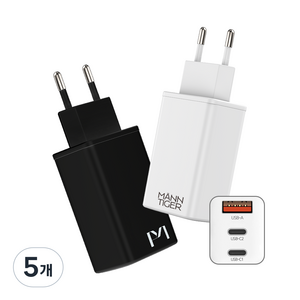 만타이거 65W PD & USB C타입 PPS 3포트 멀티 GaN 초고속 충전기 충전어댑터, 5개, 화이트