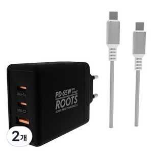 루츠 국내생산 초고속 멀티 충전기 C타입 3포트 PD 65W PPS + C to C 100W 5A E Marker 1.5M 케이블포함, 블랙, 2개