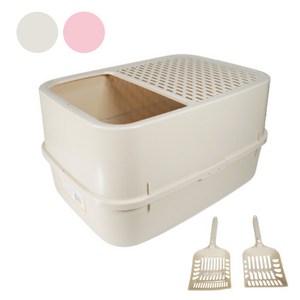 고양이 후드형 대형 화장실 뚜껑 탑도어 사막화방지 +2종 모래삽(아이보리/핑크), 1개