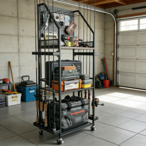 낚시대 거치대 로드 다기능 이동식 다층 낚시 용품 정리선반 보관대, 검은색