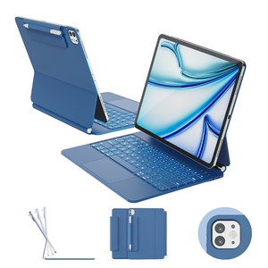 한국형 매직 키보드, 아이패드 에어 13 (M3/M2), 아이패드 프로 12.9 (6/5/4/3세대), 11색 백라이트 키+트랙패드, 방오염 가죽, 스틸 블루, 1개