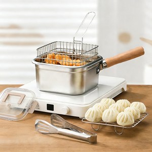 SMABAT 2 in 1 다용도 스텐 보관냄비 캠핑튀김기 스텐 밀폐용기 스텐 편수 냄비세트 튀김바스켓 집게 포함