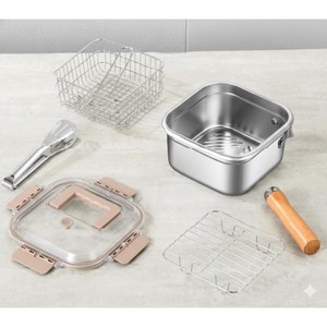 리앤트 다용도 튀김냄비  6 in 1 스테인레스 가정용 튀김기 스텐 밀폐용기 편수 냄비세트 사각 튀김냄비 튀김바스켓 집게 포함 1인용 냄비 캠핌용 냄비