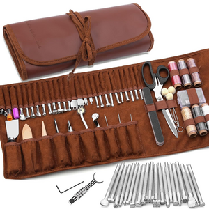가죽공예도구 75종 세트, 가죽작업도구키트, 조각 절단 펀칭 재봉 스탬핑 가죽 도구 키트, 수납 가방 포함, 1세트, 혼색