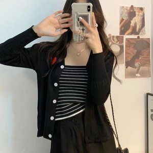 더시럽 여성용 스트라이프 나시 + 하트 가디건 투피스 세트