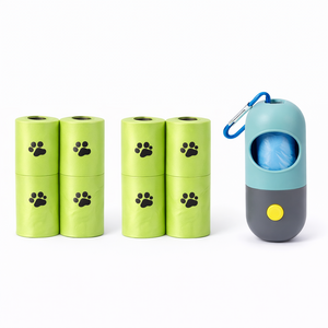 웰리펫 LED 배변봉투 케이스 + 친환경 강아지 배변봉투 8롤 애견 산책용 배변봉투 디스펜서 세트, 블루, 1세트, 8개입