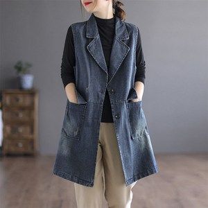 besteffie 여성 데님 베스트 데님 롱 조끼 봄 가을 넉넉한 디자인 빈티지 스타일 포켓 E28