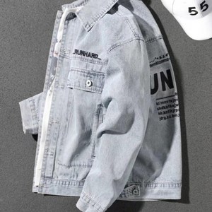 패셔너블한 남성용 오버사이즈 레터 프린트 라이트 블루 데님 재킷