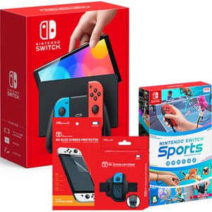 닌텐도 스위치 OLED 본체 네온 + 스포츠타이틀 + 필름 + 레그스트랩, 단일상품