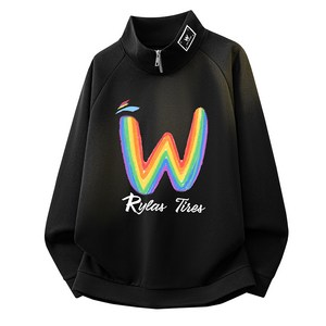 남성 오버핏 하이넥 반집업 맨투맨 간절기 긴팔 프린트 데일리 캐주얼룩