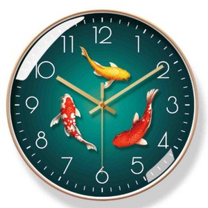 무소음 금붕어 물고기 원형 벽시계 30cm 황금 테두리 인테리어 거실 벽걸이 아날로그