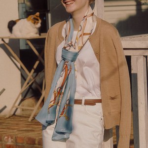 [백화점정품] 닥스 실크100% 블루 체인패턴 롱 여성용 우아한 고급 스카프