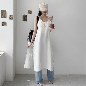 [레이어드/체형커버] 비글 리본 레이어링 롱 뷔스티에 원피스, 어깨 길이 조절 슬릿 포인트 브이넥 트임 슬립 원피스