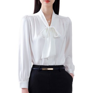 [44~88사이즈] 한결 화이트 리본 타이 블라우스