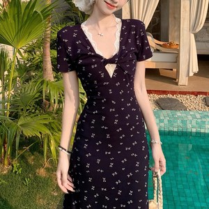 더시럽 여성용 꼬임 포인트 잔꽃 롱 원피스