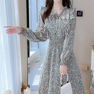 구디프 플라워패턴 리본타이 어깨프릴 롱 원피스 빅사이즈 포함
