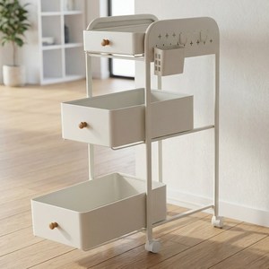 르엘 서랍형 이동식 철제 트롤리, 3단, 아이보리