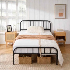헤드보드 포함 빈티지 철제 침대 프레임 튼튼 무소음 침대깔판 간편조립, 블랙