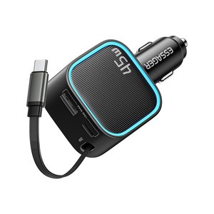 ESSAGER 동시3대충전 3포트 릴타입 USB A타입 차량용 고속충전기 멀티형 C타입 시거잭/시가잭 충전기 PD/QC3.0/FCP/SCP/Sumsang/Apple2.4, 블랙, 1개