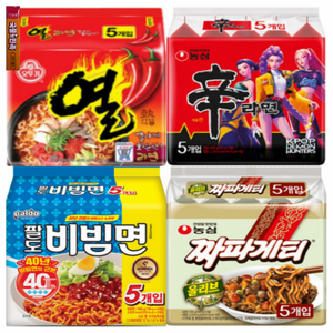 A세트 인기봉지라면 농심 오뚜기 팔도 4종 20개입 (열라면5, 신라면5, 비빔면5, 짜파게티5), 라면스프