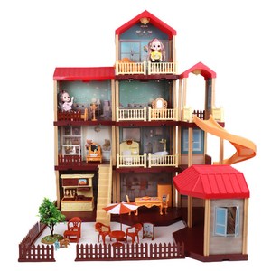 여자어린이 장난감 역할놀이 프린세스 인형의집 집짓기 놀이 조립식 완구 대형 하우스 슬라이드 미끄럼틀 포함 가구 소품 가득한 세트, 1개, 레드계열