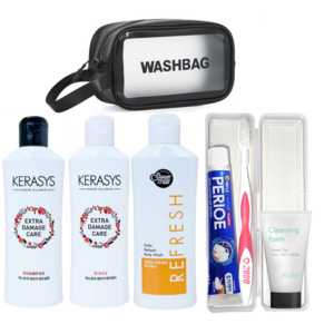 여행용 세면도구 세트 7종(샴푸+린스+바디워시+클렌징폼+칫솔+치약+파우치), 1세트
